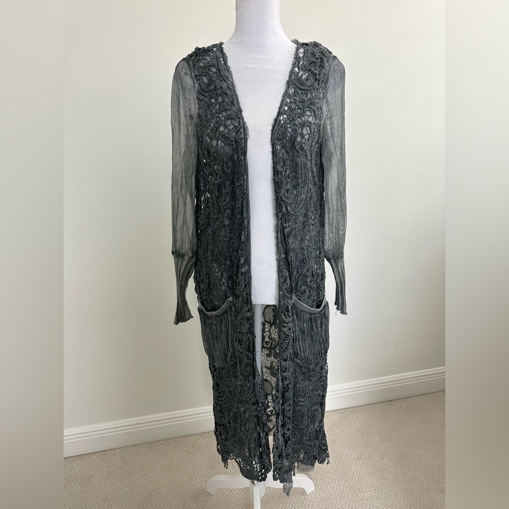 Interdee Paris Fashion Silk Long Gray Duster Coat, Size S/M